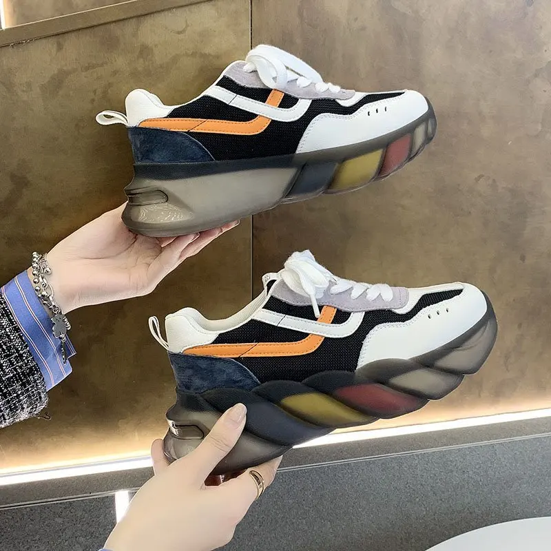 

2021 Women Chunky Sneakers Lovely Candy Colors Sole Platform Height Increasing Lace-up Spring Autumn New Outdoor Women Shoes