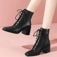 women genuine leather chunky high heel motorcycle boots female high top winter warm square toe platform pumps shoes casual shoes