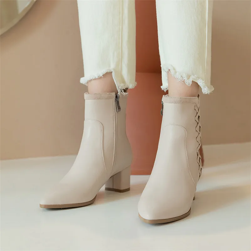 

Meotina Ankle Boots Women Shoes Cross Tied High Heel Short Boots Pointed Toe Thick Heels Zipper Boots Lady Autumn Brown Size 43