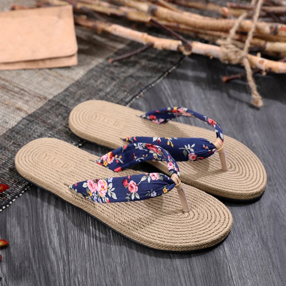 

Women Shoes Summer Floral Flip Flops Beach Sandals Thongs Slippers sandals Imitation hemp rope travel flip-flops flat-bottom