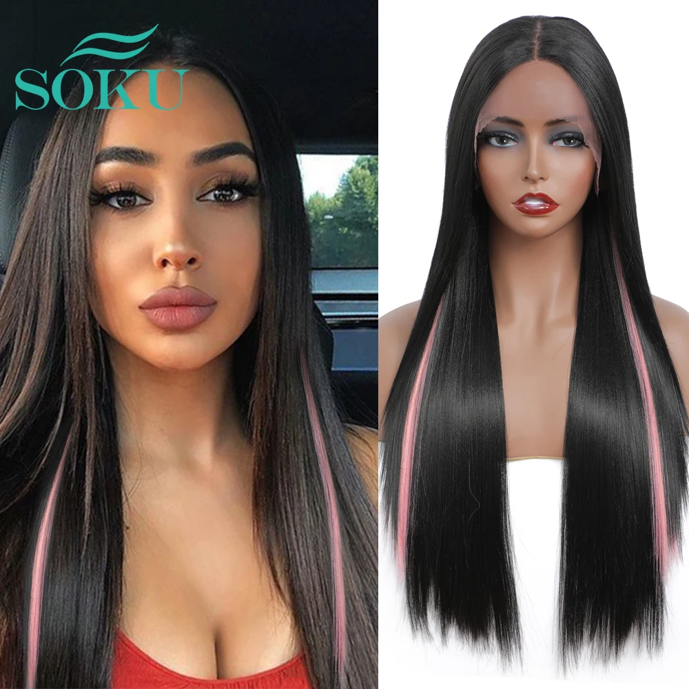 

Lace Wig Black Pink Color Synthetic Yaki Straight SOKU Middle Part High Temperature Fiber Natural Lace Wig For Black Women