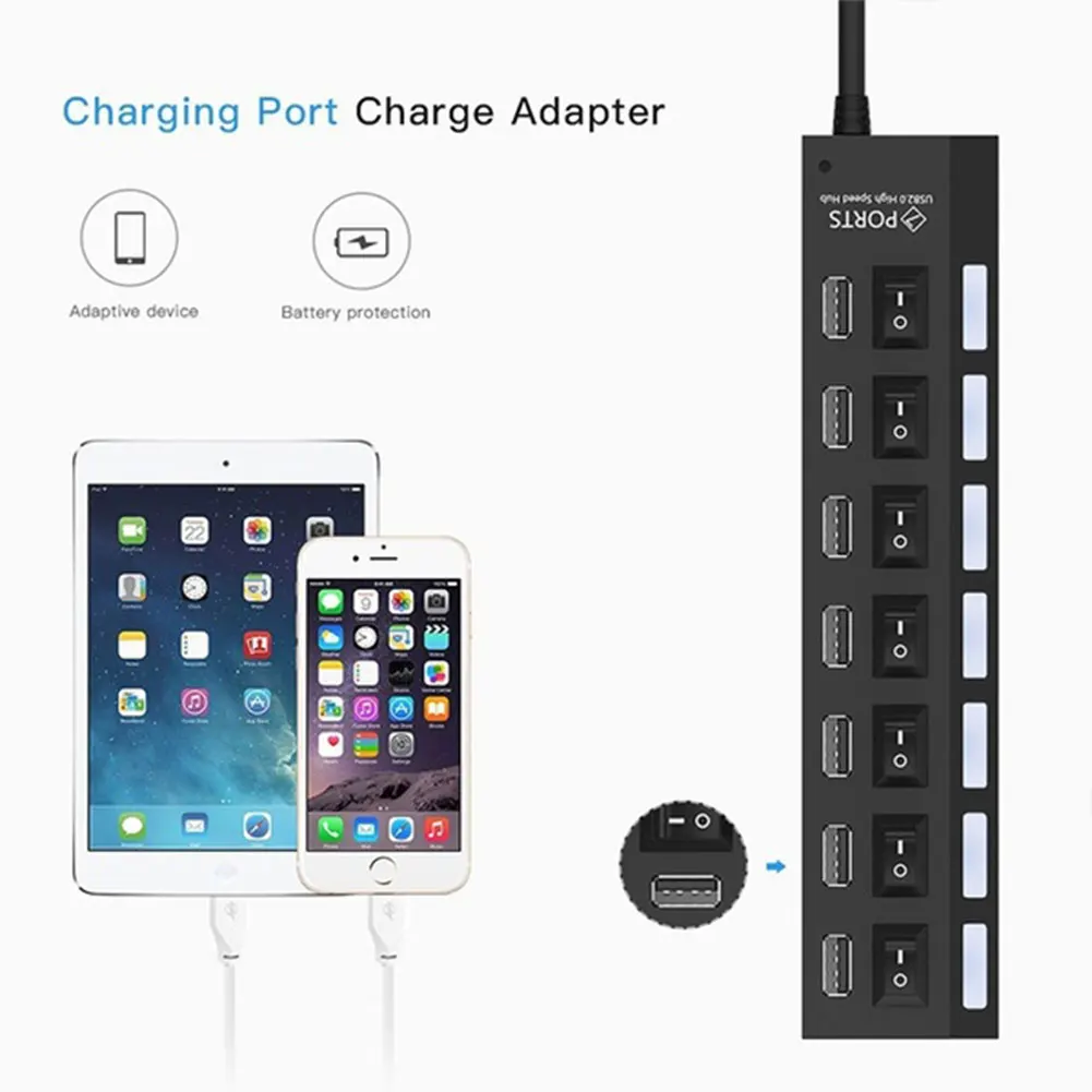7 портов s usb хаб светодиодный USB 2 0 адаптер Hub Высокоскоростной многопортовый