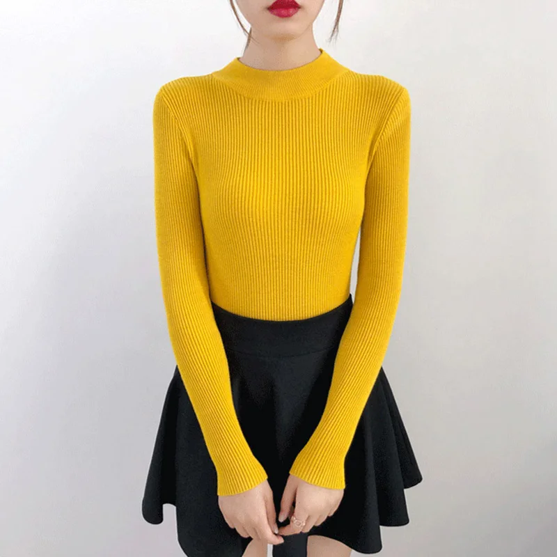 Yellow Осень-зима, женские пуловеры, свитер, вязанный, корейский, эластичный, повседневный джемпер, модный, тонкий, водолазка, теплый, женский свитер - Цвет: Yellow