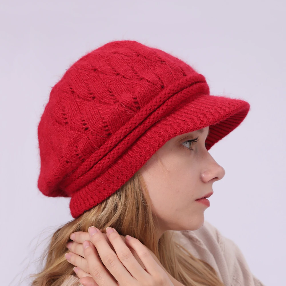 Женская зимняя эластичная вязанная кепка Newsboy Одноцветный плотный теплый берет с