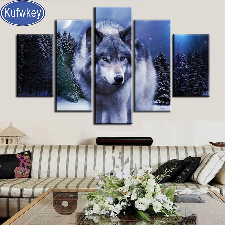 

full drill cross stitch Diamond embroidery Round diamond home decor 5d pictures Snow wolves painting diy diamond painting 5 pcs