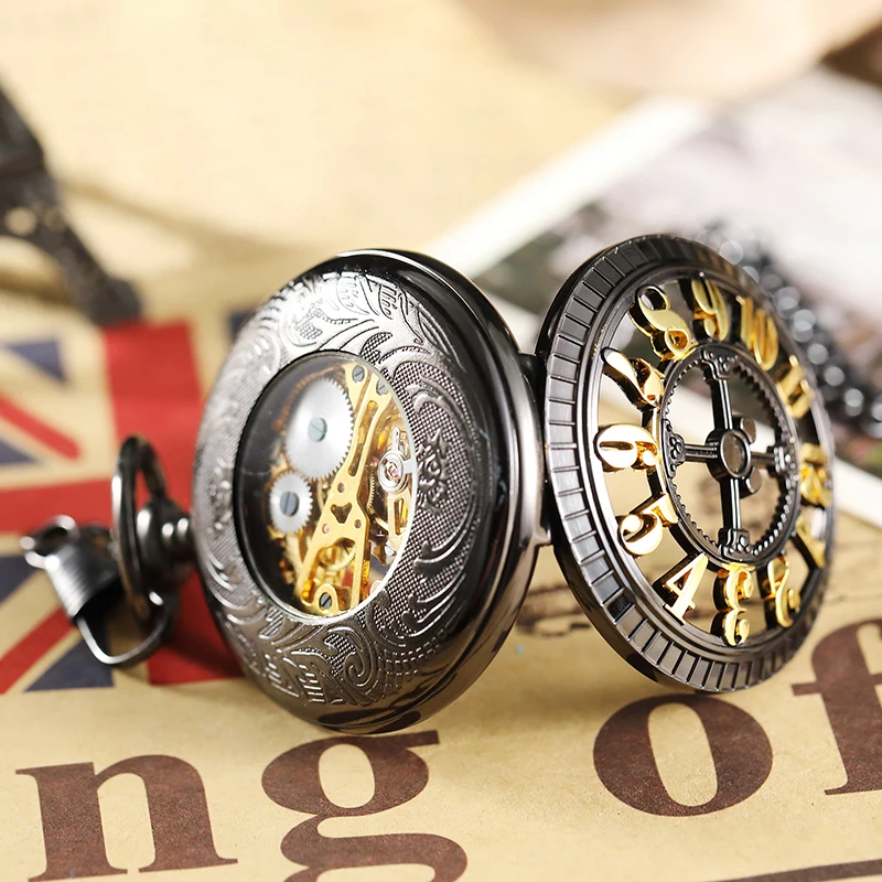 Luxury Mechanical Pocket Watch Skeleton Vintage Antique Black Case Big Gold Numerals Male Fob Chain Clock for Men Women Gifts