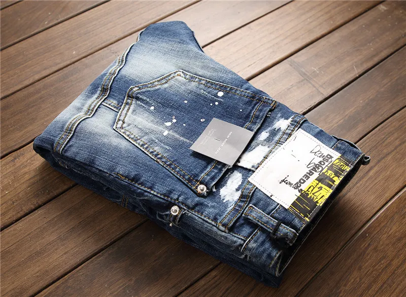 

New Fashion Lacquer Jeans Men Stretch European American High-grade Broken Hole Patch Lacquer Feet Denim Pants Mens Trousers