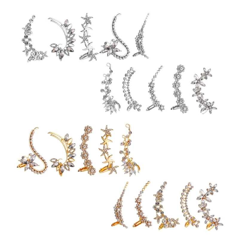 

10Pcs Crystals Flower Stars Ear Wrap Crawler Hook Earrings Ear Cuff Non Piercing Clip on Cartilage Earrings Kit Jewelry