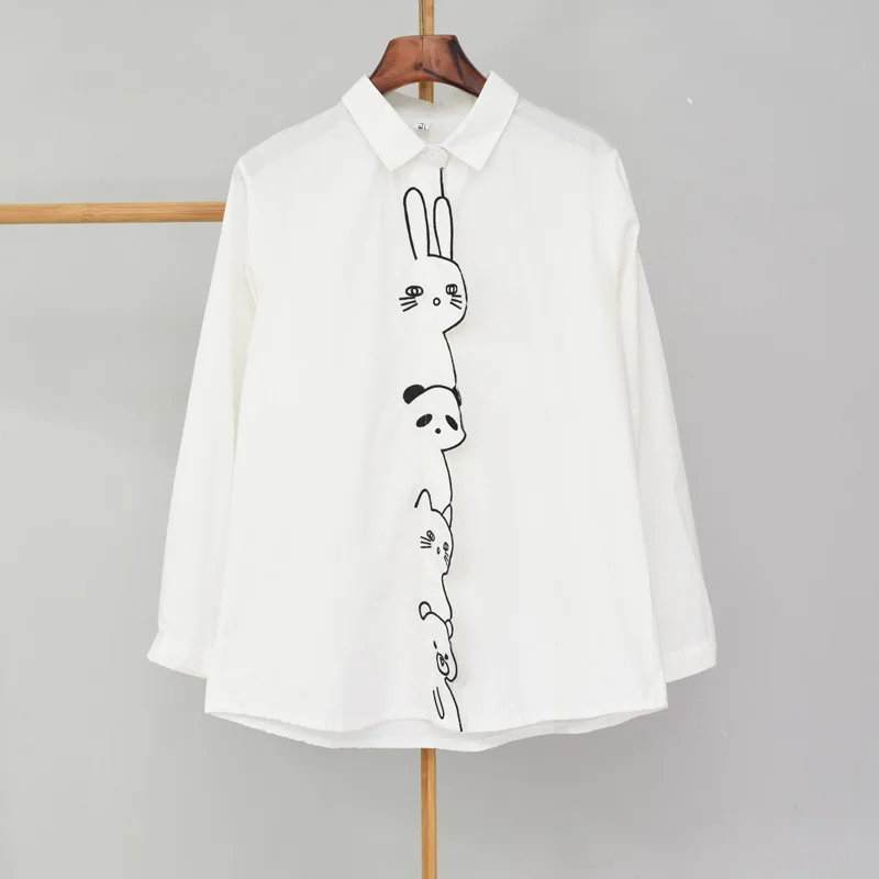 

QING MO White Women Cartoon Embroidery Blouse 2021 Spring Women Plaid Shirt Dot Printed Blouse Casual Top ZQY6289