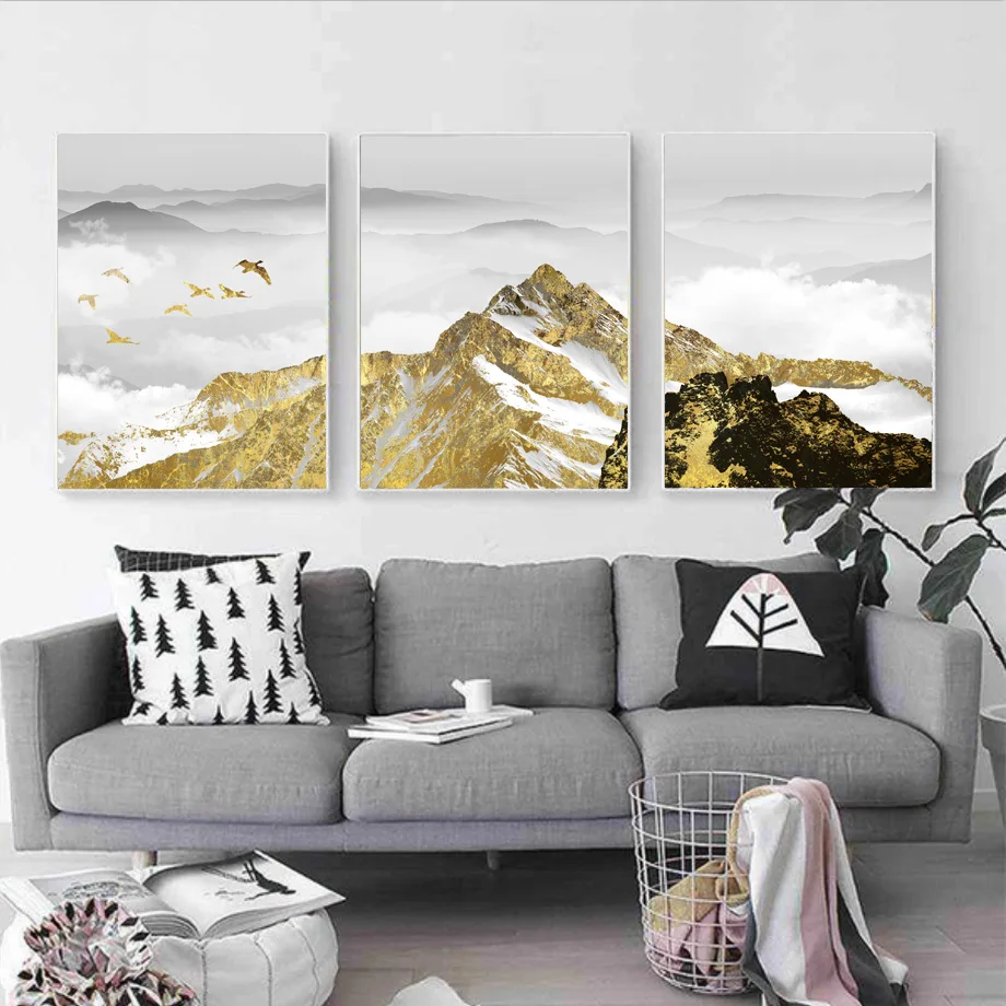 Абстрактные картины с золотой птицей и горным пейзажем Картина на холсте