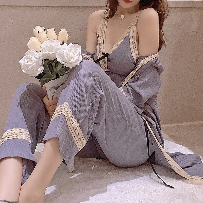 

Deep V-Neck Autumn Winter Women Pyjamas Suits Sexy Lace Patchwork Sleepwear Cardigan Bow Tied Nightwear 3PCS Nightie Lounge Set