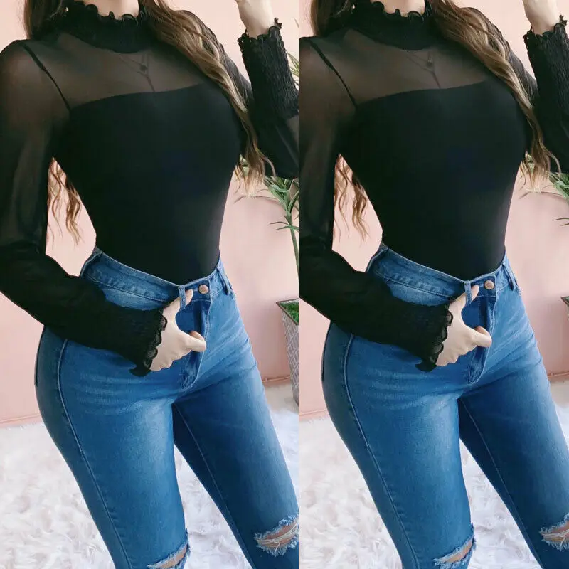 

Women Ladies Sexy Mesh Long Sleeve Bodycon Tops Turtleneck Pullover Blouse Loose Jumper Tops Shirts Casual