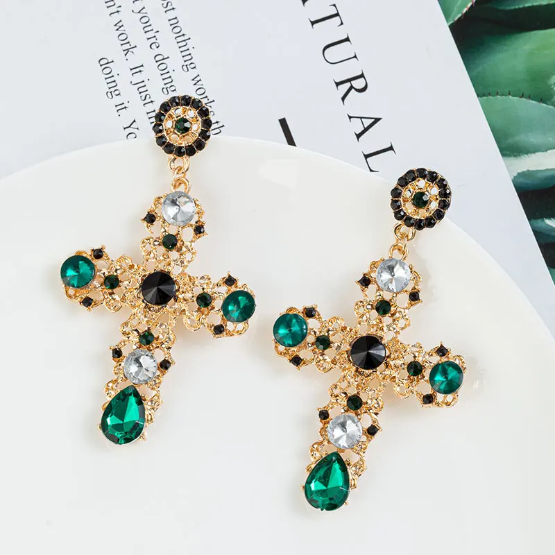 

New Arrival Vintage Black Pink Crystal Cross Drop Earrings for Women Baroque Bohemian Large Long Earrings Jewelry Brincos 2020