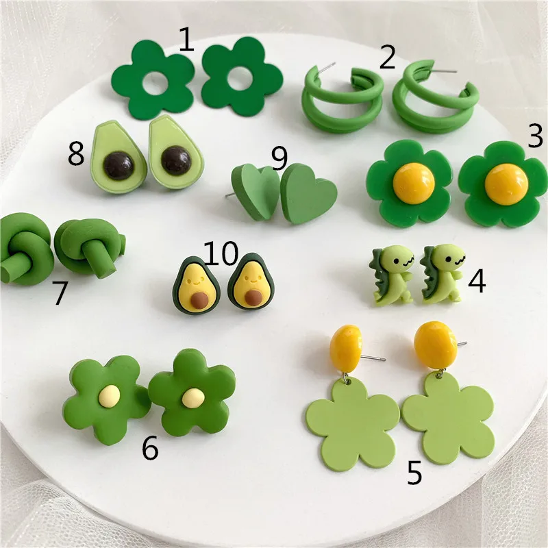Green Avocado Fruit Stud Earrings For Women Acrylic Flowers Heart Geometric Round Sweet Female Fashion Jewelry | Украшения и