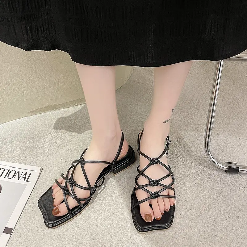 

Buckle Strap Low Sandals Woman Leather Shoes Lady 2021 Summer Heels Espadrilles Platform All-Match Suit Female Beige Low-heeled