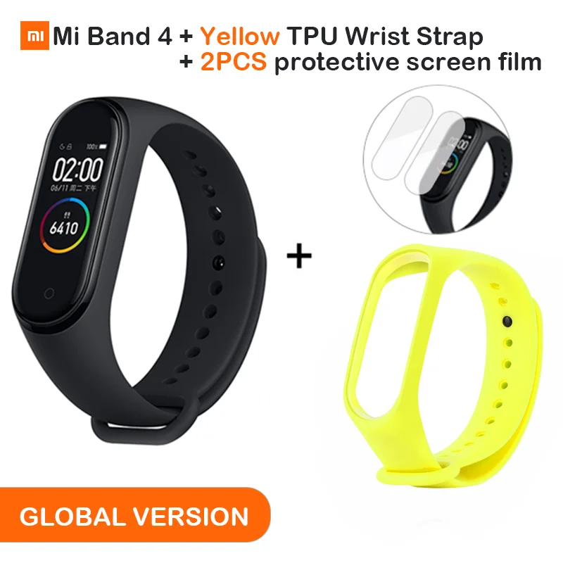 Add Yellow Strap Глобальная версия, Xiaomi Mi, 4 смарт-браслет, AMOLED экран, Smartband, фитнес-браслет, Bluetooth, спортивный, водонепроницаемый - Цвет: Add Yellow Strap