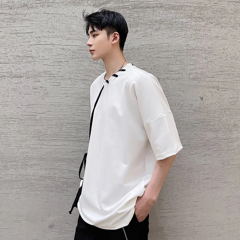 

IEFB Drawstring Decoration Ice Silk Short-sleeved Black Men's T-shirt 2021 Summer Fashion Simple Design Round Collar Tee 9Y7014