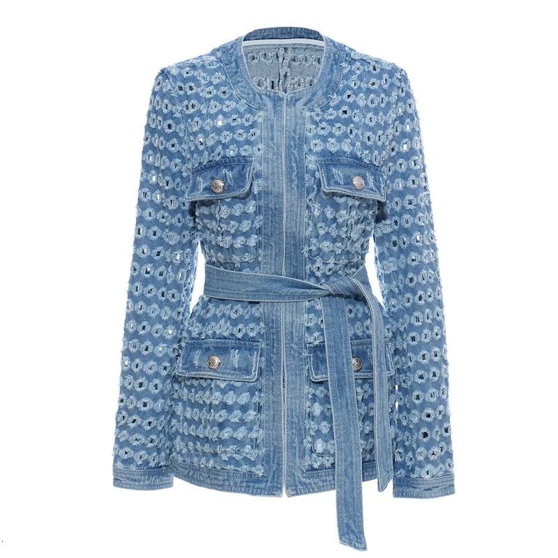 

SeeBeautiful Round Neck Long Sleeve Pockets Holes Belt Loose Denim Jacket Coat Woman New Fashion Spring 2022 N937