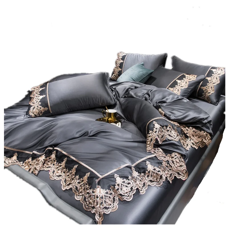

Black Luxury Bedding Set With Lace Modern Design Simple Bedding Set Quilt Cover Set Colchones De Cama Four-piece Suit BD50CJ