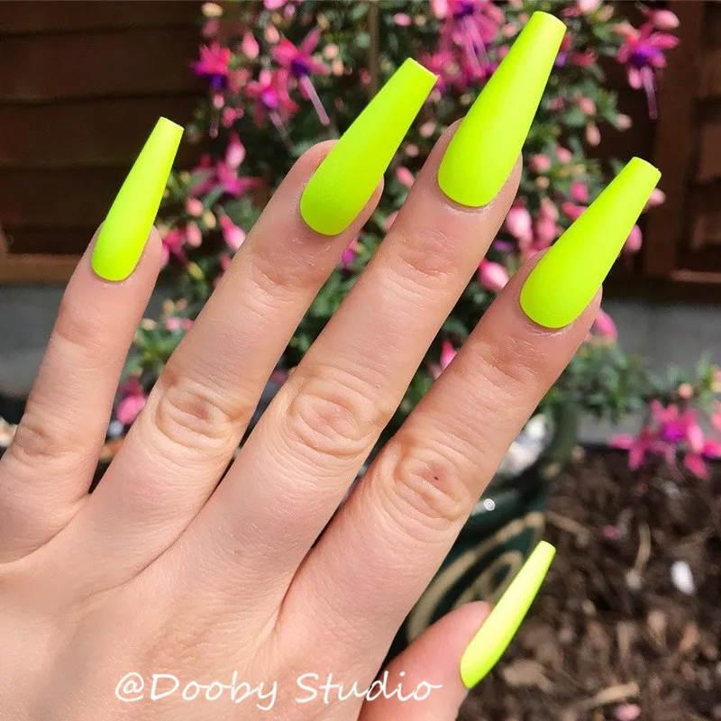 

Neon Green Super Long Press On Nails Coffin Colored Full Cover Fake Nails With Glue Sticker Ombre Glossy Ballerina Faux Ongles