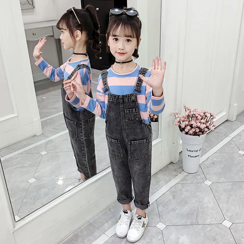 

Children Clothing Autumn Striped T-shirts + Denim Straps Pants 2PCS Girls Clothing Sets Long Sleeve Teen Kids Clothes Tracksuit