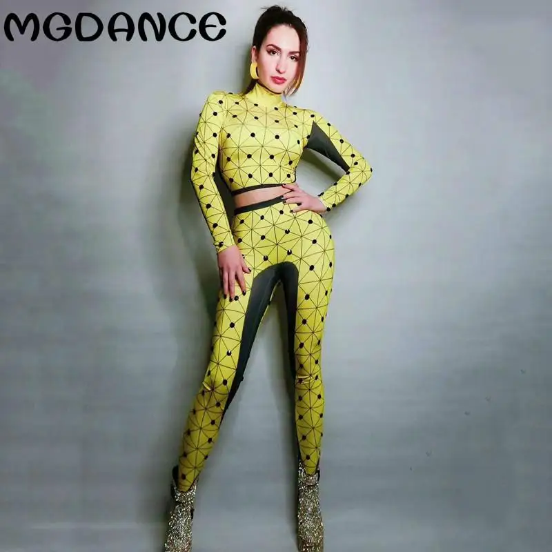 

Women Printing 2 Piece Sets Top+legging Sexy Stretch Skinny Dancer Bodysuit Nightclub Jazz Singer Wear Dj Ds Stage Costumes