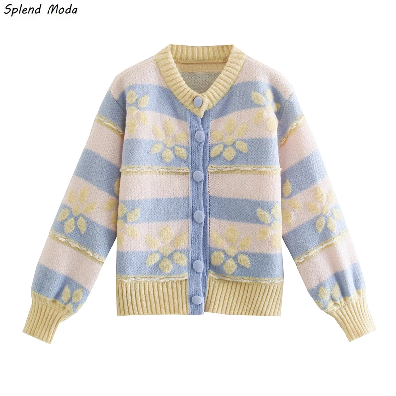 

Splend Moda Autumn Sweet Flower Jacquard Knitted O-Neck Single-Breasted Lantern Sleeve Loose Cardigan Fashion Sweater Women