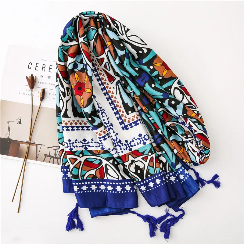 Reversible Bohemian Pashmina Ethnic Tribal Border Shawl Wrap Scarf for Woman Viscose Wraps |