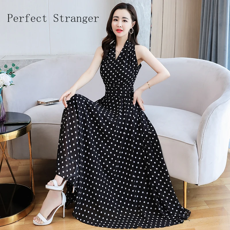 

Женское шифоновое платье в горошек, длинное платье без рукавов с V-образным вырезом, лето 2021