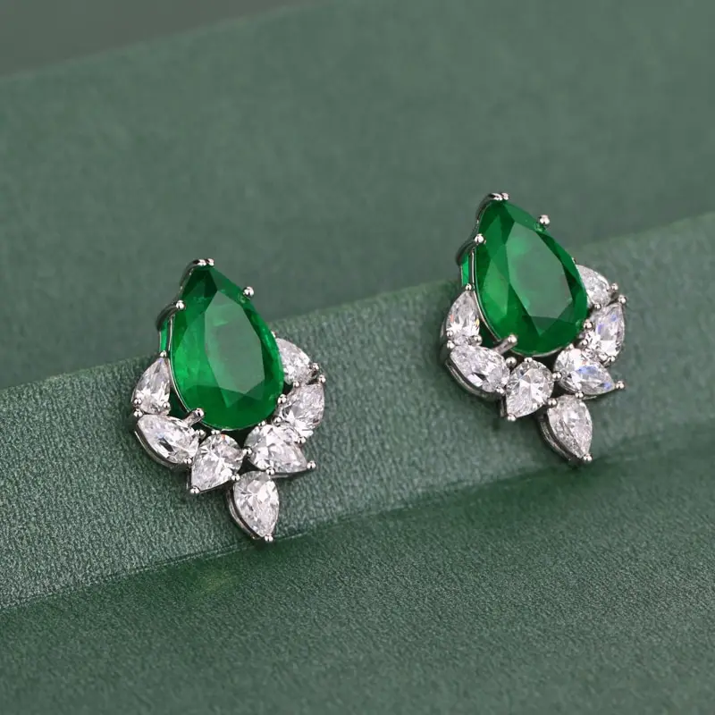 

Jazaz Fine 100% 925 Sterling Silver Water Drop Synthetic Emerald Stud Earrings Women Sparkling Wedding Anniversary Party B0661