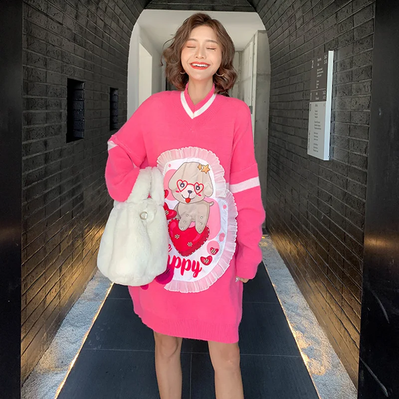 2019 зимние модные длинные вязаные платья с принтом из мультфильма женские