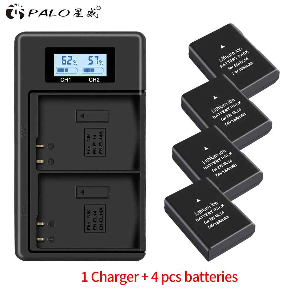 charger and 4battery 1200 мА/ч, 2x EN-EL14A EN-EL14 ENEL14 Батарея+ ЖК-дисплей USB Dual Зарядное устройство для Nikon D3100 D3200 D3300 D3400 D3500 D5600 D5100 D5200 P7000 - Цвет: charger and 4battery