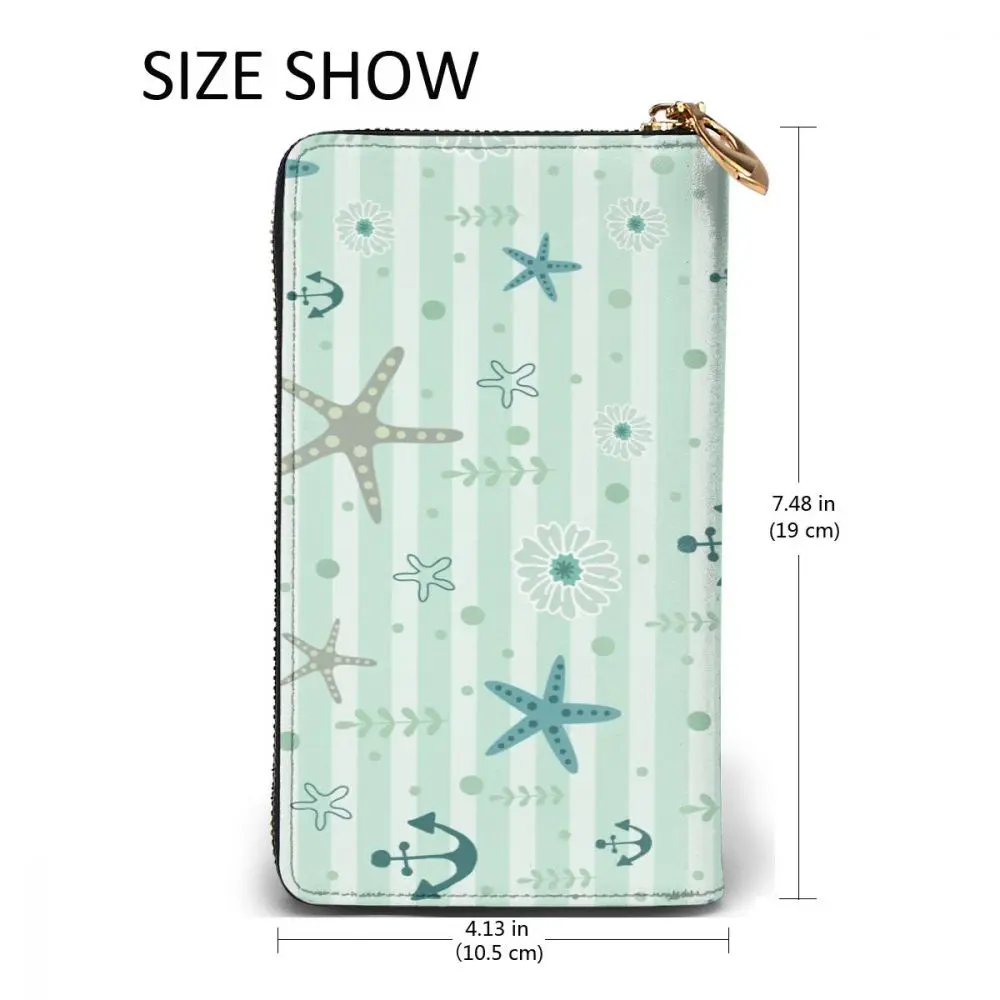 

2021 Leather Wallet Long Green Ocean Starfish Anchor Multiple Cards Holder Clutch Female Male Purse Standard Wallet