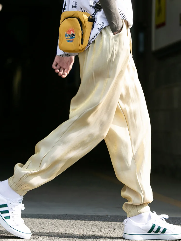 

2020 New Mens Summer Smooth Fabric Silk Nine-point Trousers Ice Silk Casual Loose Shiny Pants Thin Color Track Harem Pants