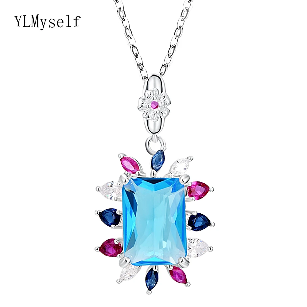 

Brass Beautiful 14*10 mm Rectangle Blue Multi Zircon Pendant Necklace 55 CM Long Chain Crystal Trendy Jewelry