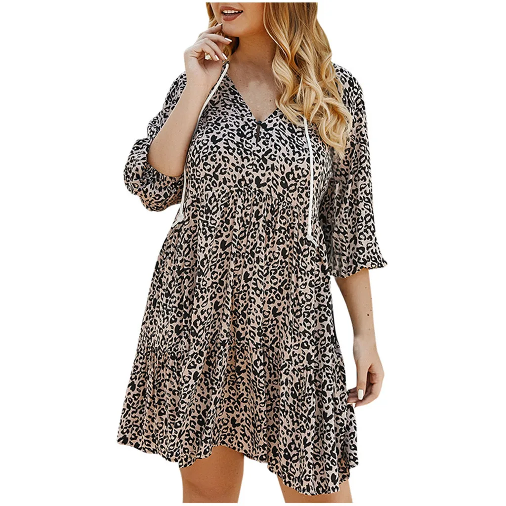 Фото Женское платье с коротким рукавом Леопардовый принт v образный - купить