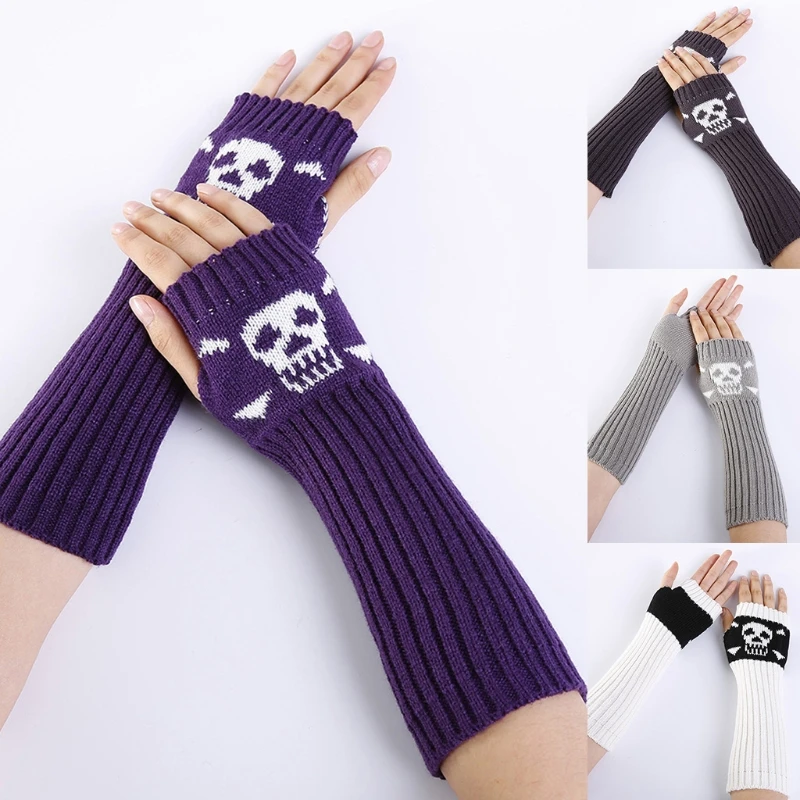 

Punk Gothic Skeleton Gloves Fingerless Arm Sleeves Long Arm Warmer Half Finger Gloves Knit Arm Covers Cosplay Gloves