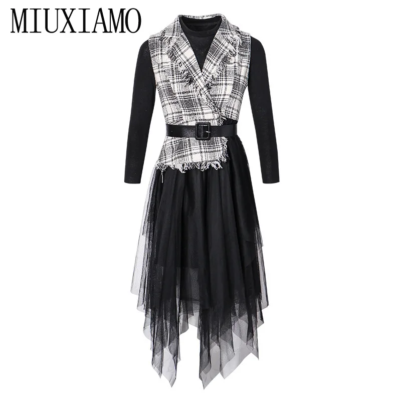 

MIUXIMAO Europe Fashion 2019 Fall Newest Luxurious Eleghant Casual Jumpsuit Screen Skirt Two-Piece Dress Women with Belt