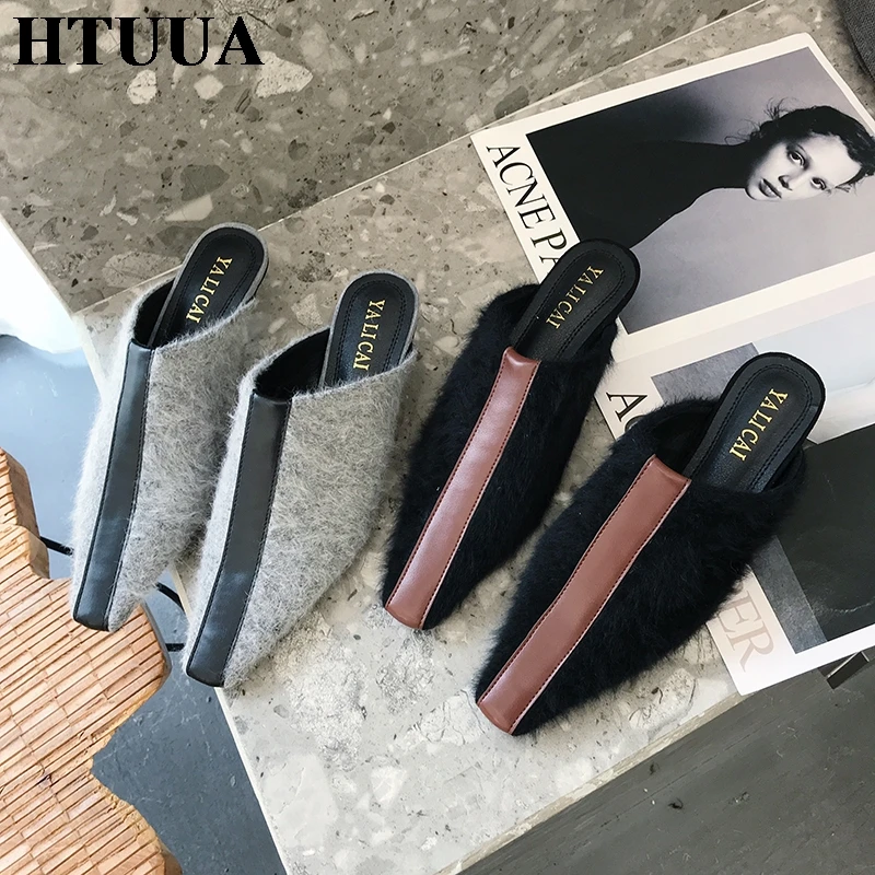 HTUUA/осенне-зимняя обувь из флока на меху; женские шлепанцы на низком прозрачном каблуке с квадратным носком; Лоферы без застежки; SX3239