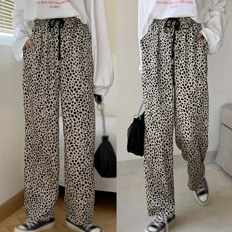 

Autumn Women Leopard Print Wide-leg Pants Comfortable Elastic Band Mid-waist Casual Full Length Pants High Quality Loose Trouse/