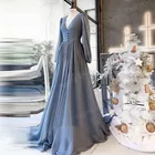 Вечернее платье с V-образным вырезом, синее, с длинным рукавом, в мусульманском стиле, для гостей свадьбы, выпускного вечера, из Дубая, 2021