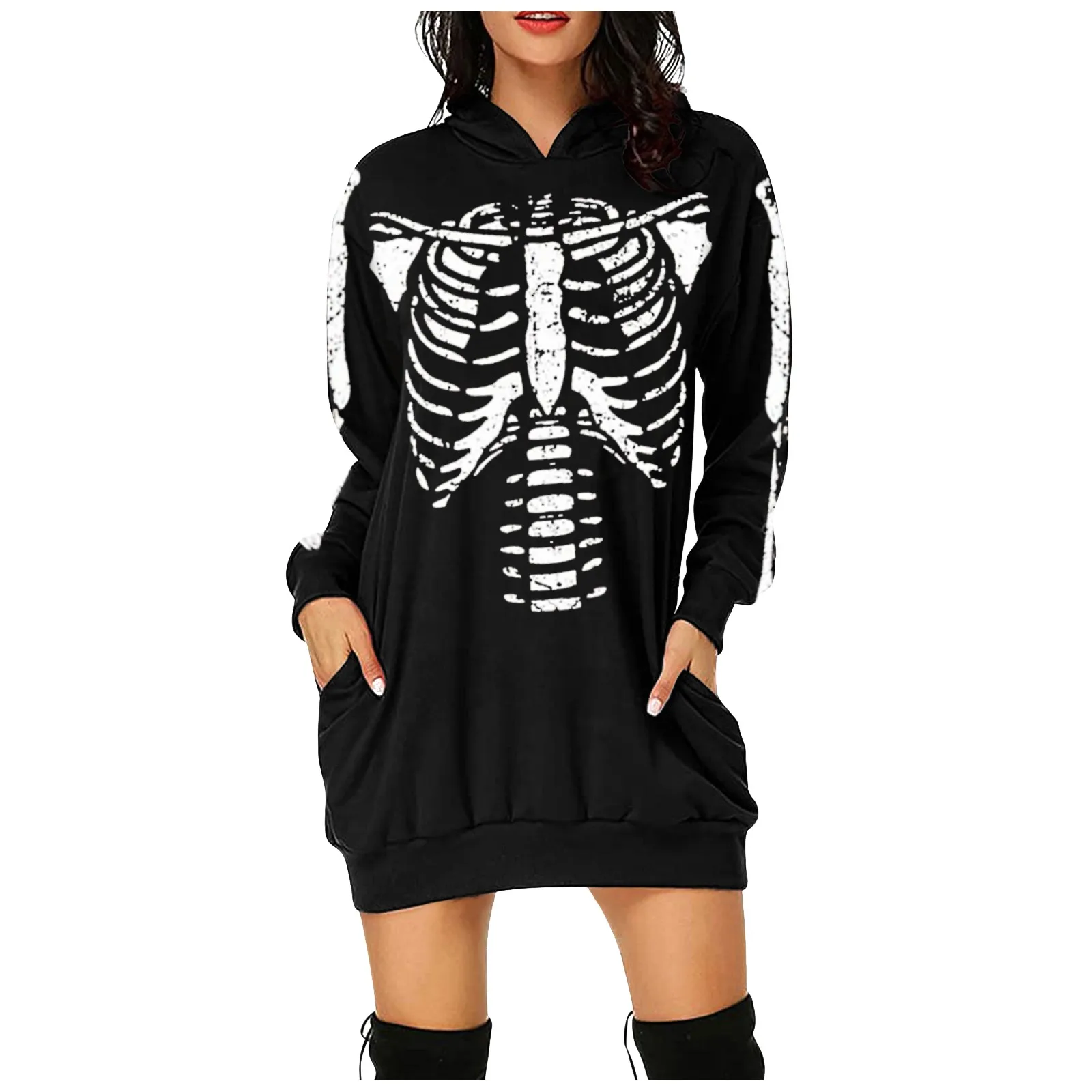 Женское платье с капюшоном и карманами длинным рукавом|Женские платья| |