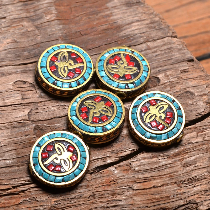 

TZH03 Nepal Beads Handmade Eye of the Buddha Bead, Brass with Synthetic Coral and Turkey stone Beads For Jewelry Making