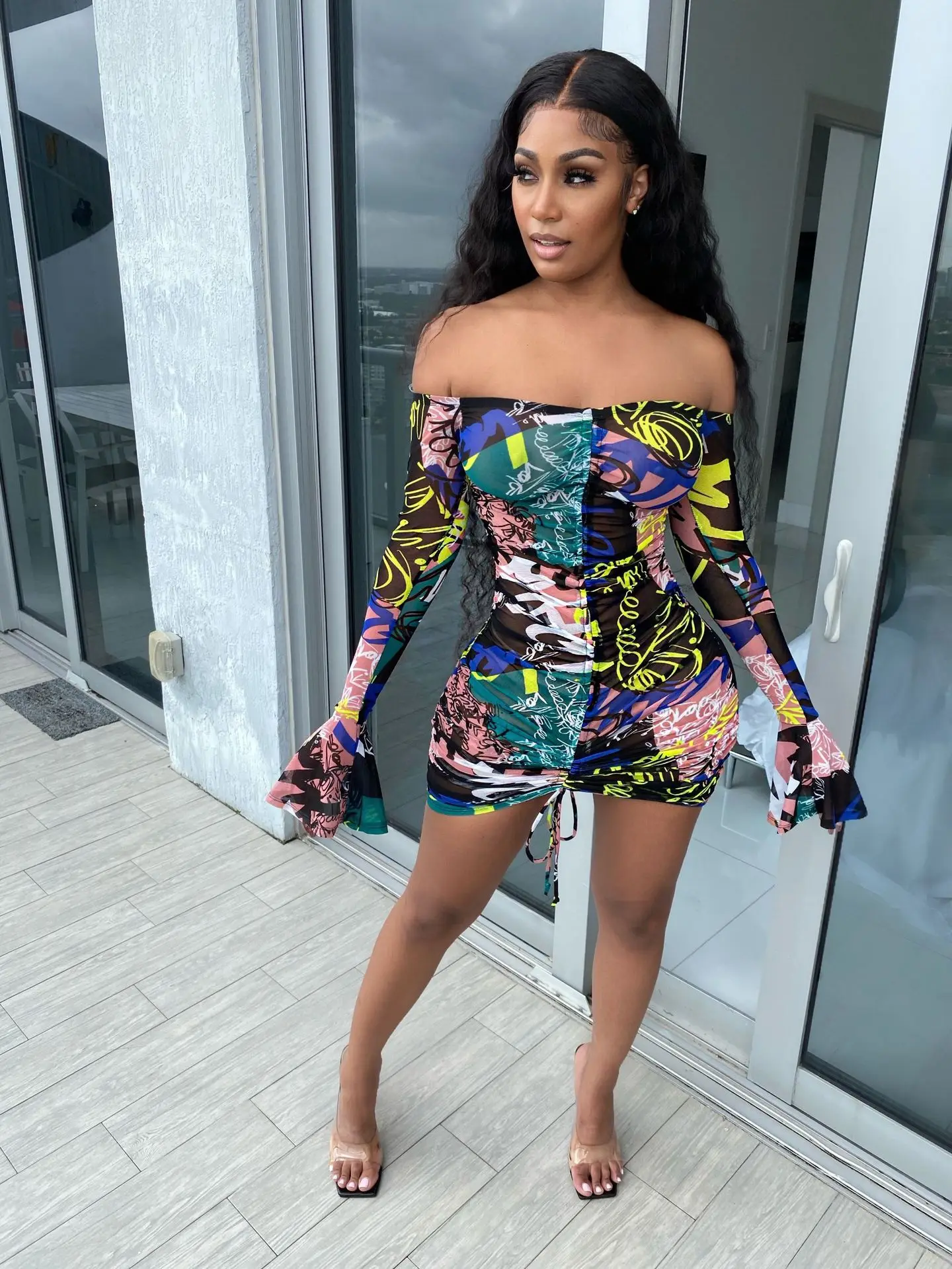 

Spring Fashion Women Sexy Leopard Print Bodycon Dress Off Shoulder Bandage Folds Flared Long Sleeves Tie Dye Mini Dresses