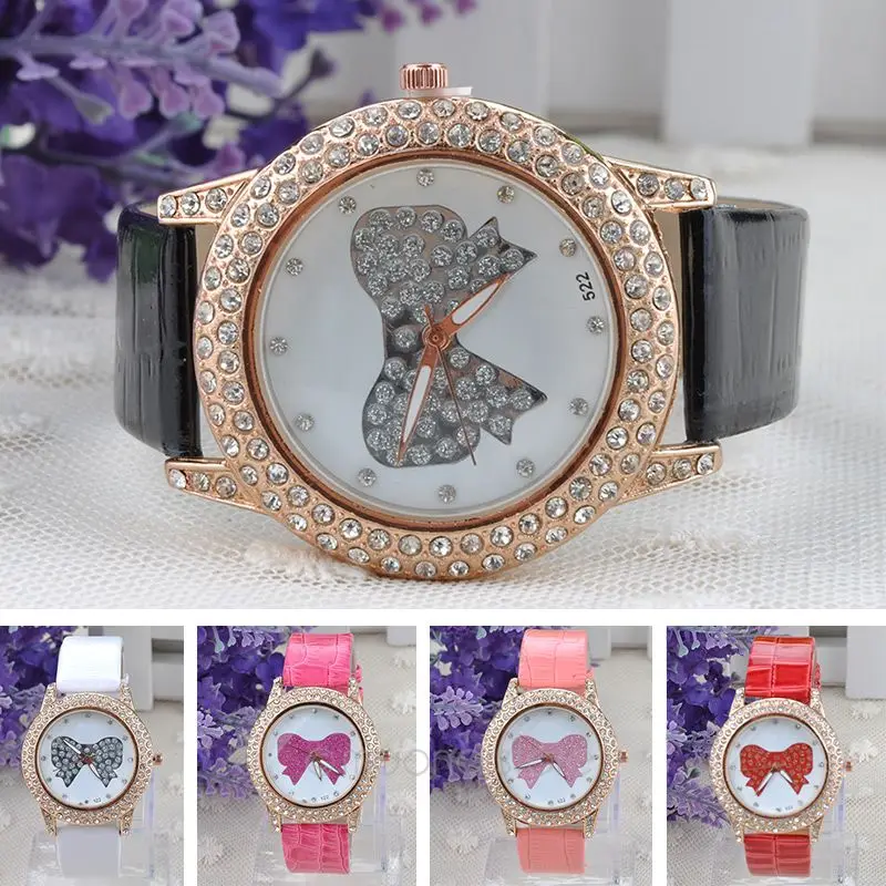 

Bowknot Pattern, PU Leather Band Watches, Rhinestones Quartz Wristwatch for Girl