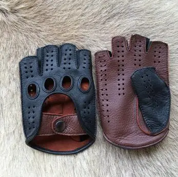 black brown Новое поступление мужские кожаные перчатки для вождения без подкладки козья кожа перчатки без пальцев для спортзала перчатки для занятий фитнесом варежки - Цвет: black brown