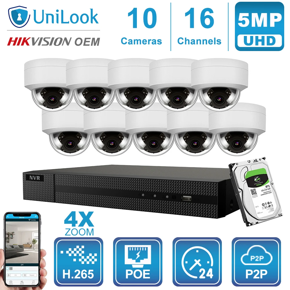 UniLook 16CH NVR 8/10/12/16Pcs 5MP Dome POE IP Camera 4X Zoom Hikvision OEM H.265 Outdoor CCTV NVR Kits Night Vision With HDD