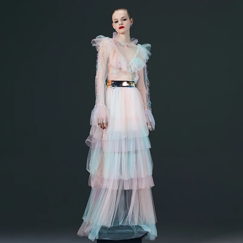 Новогоднее праздничное платье для женщин 2020 подиумное прозрачное градиентное