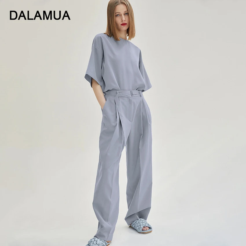 

Women Tracksuit 2 Piece Set Casual Wide Leg Suit Pants Short Sleeve Top Solid Loose Office Lady 2021 Summer Fashion Female Suits