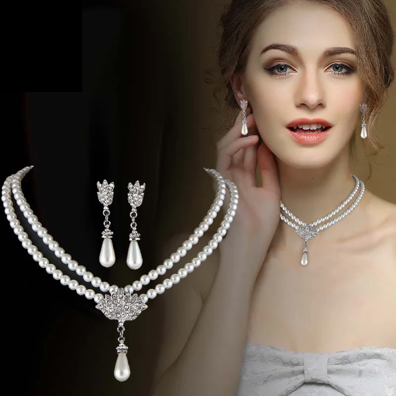 

New Luxury Fashion Bride Women Simulated Wedding Crystal Simulated Pearl Water Dropp Crystal Necklaces Earring Jewelry Set